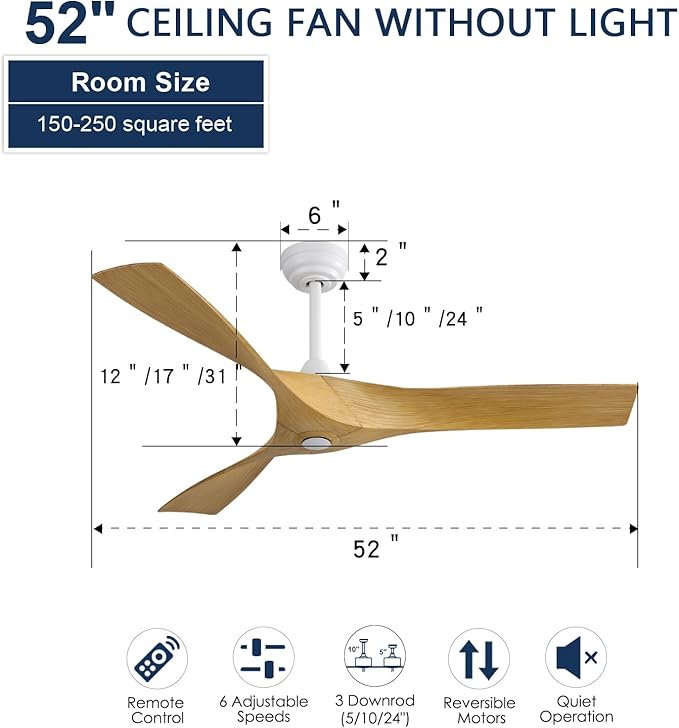 NicBex Ceiling Fan 52 Inch Ceiling Fan Without Light Ceiling Fans with 3 ABS Blades and Remote Control Reversible DC Motor Ceiling Fan for Bedroom, Living Room, Deep Natural