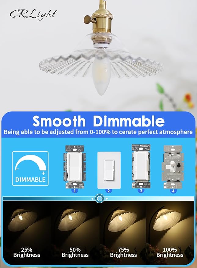 CRLight 6W Dimmable LED Candelabra Bulb 4000K Daylight White, 80W Equivalent 750 Lumens, E12 Base Vintage LED Filament Light Bulbs, B11 Candle Frosted Glass Chandelier Bulbs, Pack of 8