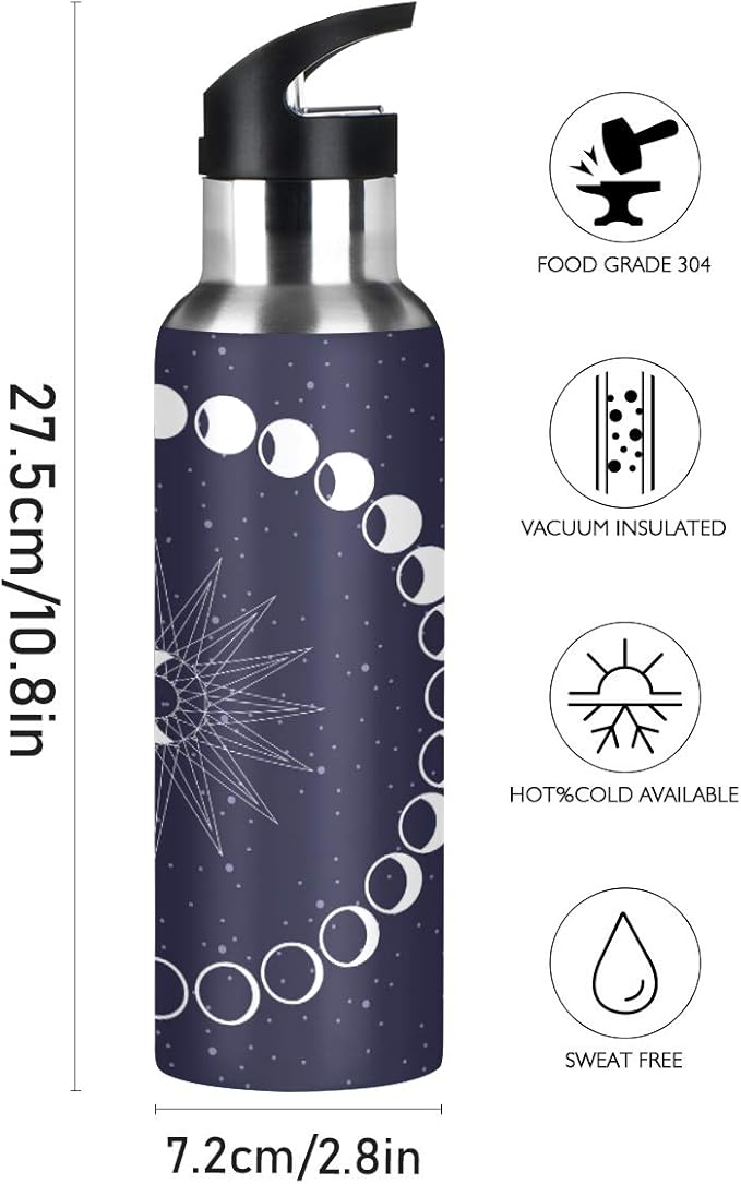 Moon Phases Circle Water Bottle with Straw Lid for Fitness Gym Camping Outdoor Sports, Wide Mouth Vacuum Insulated 18/8 Stainless Steel, 22 oz