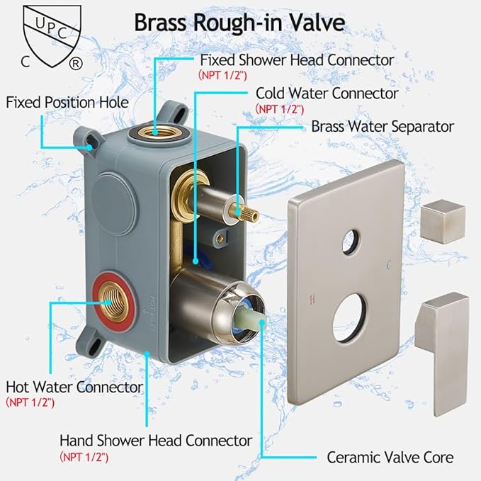Brushed Nickel Shower System, 8 Inch High Pressure Rain Shower with Handheld, Wall Mount Shower Faucet Set for Bathroom, Rough-in Valve Body and Trim Included