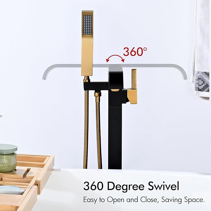 BAGNOLUX Solid Brass Floor Mount Bathtub Faucet Free Standing Tub Faucet Freestanding Tub Filler Black Gold High Flow Rate Swivel Spout with Hand Shower, ‎YGSLT-FANG-Black+Gold