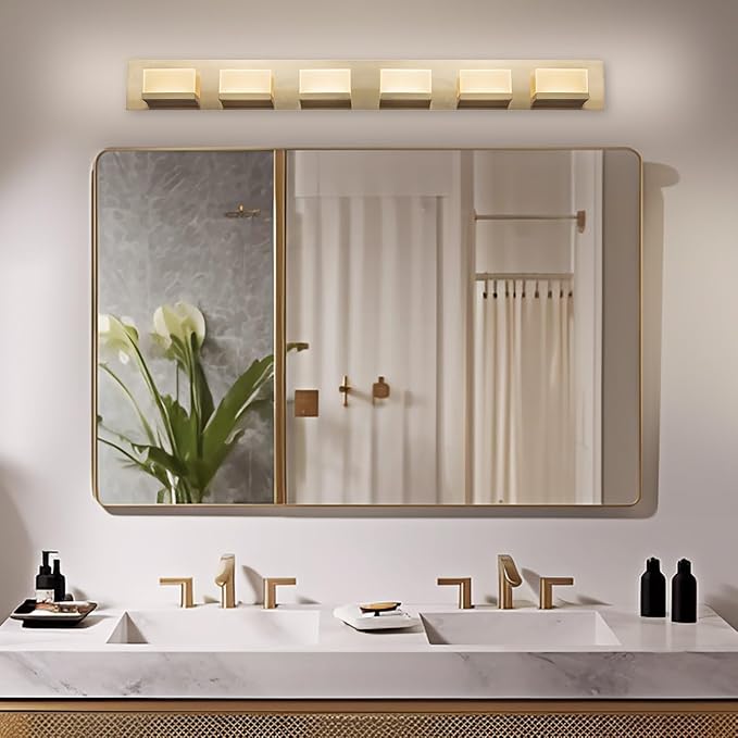 Kira Home Everett 48" Modern 6-Light 60W Integrated LED (360W eq.) Bathroom/Vanity Light, Rectangular Acrylic Lenses, Energy Efficient, Eco-Friendly, 3000k Warm White Light, Cool Brass Finish