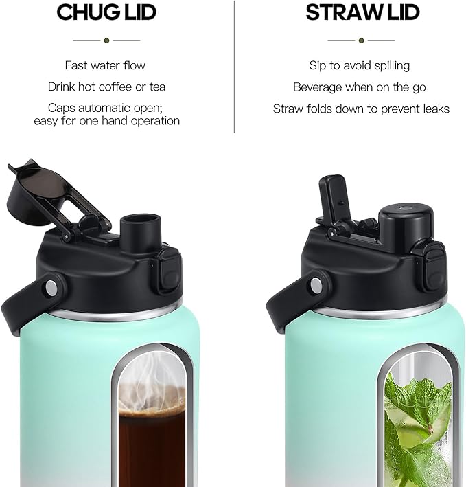 Half Gallon Insulated Water Bottle with 2-in-1 Lid (Chug Lid/Straw Lid), 40/64oz Double Walled Vacuum Stainless Steel Water Bottles, Water Jug with Straw