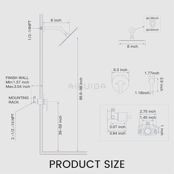 Airuida Shower Faucet Set,8 Inch Round Rainfall Shower Head,SUS304 Stainless Steel Single Handle Shower Trim Kit,Wall Mount Bathroom System with Male Threads Valve Brushed Gold