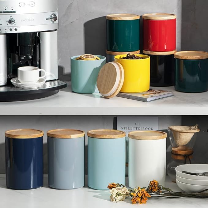 Sweejar Kitchen Canisters Ceramic Food Storage Jar, Stackable Containers with Airtight Seal Wooden Lid for Serving Coffee Bean, Flour, Tea, Cookies and More - 58 Fl Oz (Dark Turquoise)
