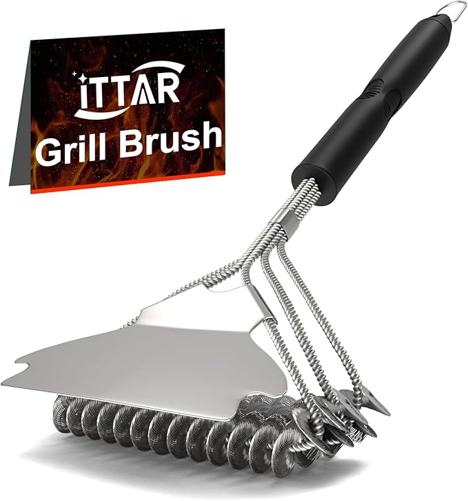 ITTAR Grill Brush & Scraper for Outdoor Grill, Bristle Free Safe BBQ Cleaner Brush, 17" Grill Cleaning Rescue Brush, Heavy-Duty Stainless Steel Scrubber Brush, BBQ Accessories Gifts for Father, Men