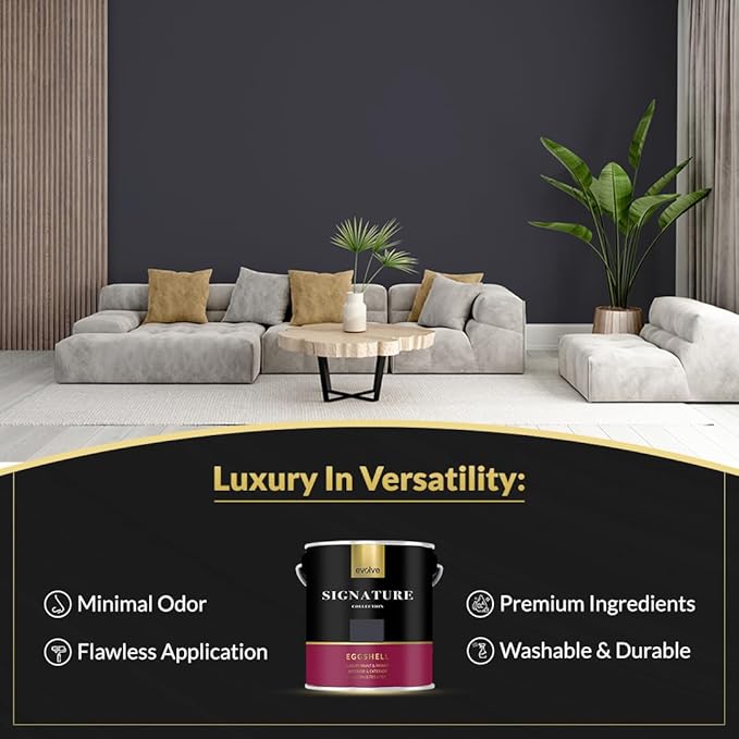 EVOLVE Signature Paint & Primer: Luxury Paint & Primer for Indoor & Outdoor Surfaces, Minimal Odor, Eggshell Sheen (Charcoal Gray, 1 Gallon)