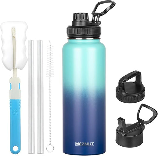 Insulated Water Bottle with Straw&3 Lids 40oz Stainless Steel Water Bottles Sports Metal Water Bottle Double Walled Vacuum Insulated Bottles Thermos Leak-Proof Travel Thermal (Gradient Blue)