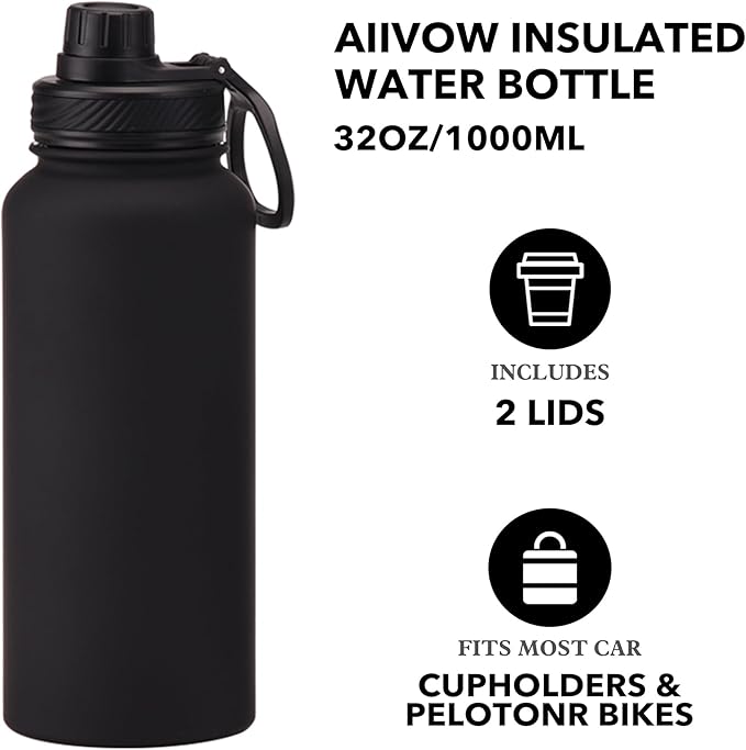 Black 32 OZ Insulated Water Bottle, Large Metal Stainless Steel Water Flask, Big Sports Travel Water Bottle with 2 Lids, Insulated Thermos Thermal Mug Cup
