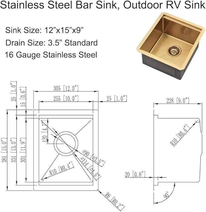 Undermount Gold Bar Sink, 12 x 15 inch Undermount Wet Bar Sink 16 Gauge Stainless Steel Brushed Gold Basin for Outdoor RV Kitchen