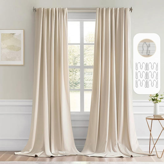 MIULEE Back Tab Cream Beige Curtains 108 Inch Long 2 Panels Set for Living Room Bedroom, Ivory Rod Pocket/Pinch Pleated Light Blocking Extra Long Thermal Insulated Room Darkening Blackout Drapes