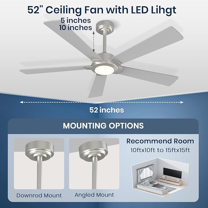 GESUM 52 Inch Smart Ceiling Fan with Light, Nickel Ceiling Fan with 5 Reversible Blades, Dimmable, 6 speed, 3CCT, Outdoor Ceiling Fan with Remote/App Control for Patio Kitchen Bedroom (Nickel)