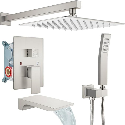gotonovo Shower System with Tub Spout,Waterfall Tub Shower Faucet Set for Bathroom Head and Handle Set Wall Mounted 3 Function Rough-in Valve and Trim Included 10 inch Shower Head Brushed Nickel