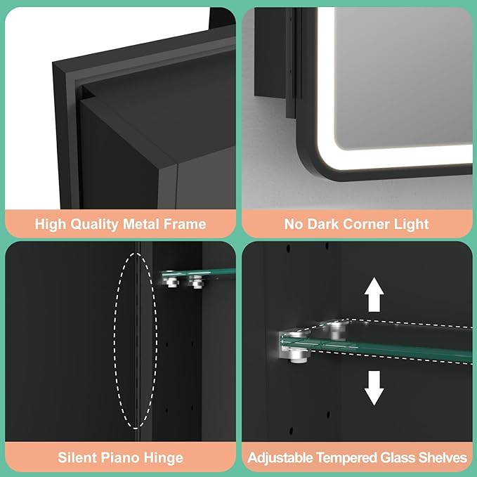 16x28 Inch Medicine Cabinet with Mirror, Recessed or Surface Mount Bathroom Medicine Cabinet with LED Lights, Anti-Fog, Memory Function, Adjustable Shelf, Dimmable Light, ETL Listed, Black,Right Hinge