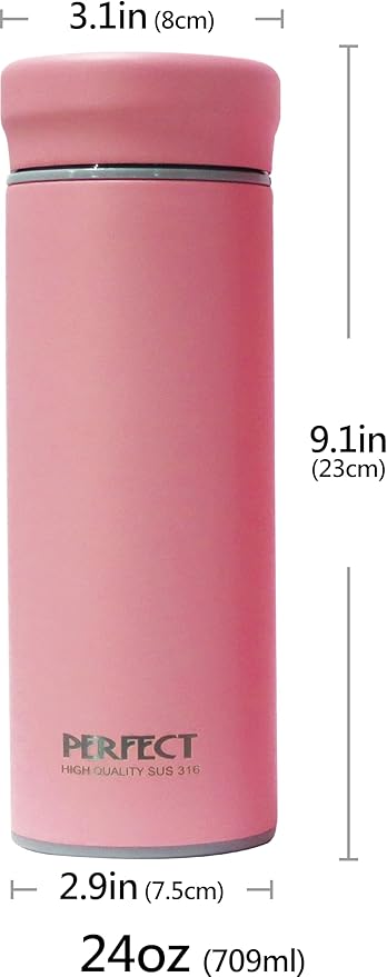 24 OZ 316 Stainless Steel Vacuum Insulated Water Bottle, Keep Cold and Hot, Seamless Cup Leak Proof And Wide Mouth, Pink