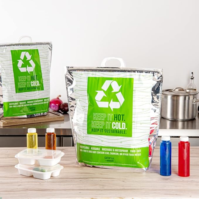 Restaurantware Cater Tek 20.1 x 7.1 x 20.1 Inch Hot And Cold Bags 10 Triple Layer Insulated Bags - Snap Lock Handles Waterproof Green & Silver Plastic Thermal Lunch Bags For Frozen & Hot Items