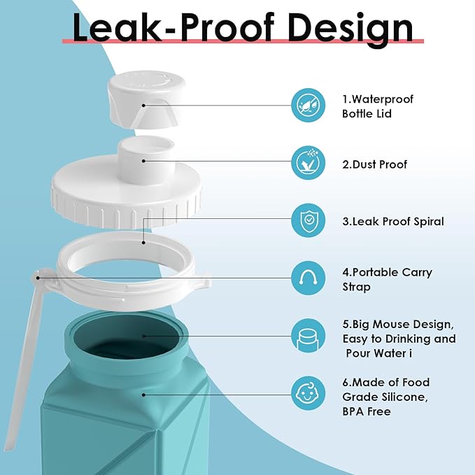 Foldable Water Bottle for Travel Cycling Gym Camping Sports,Leakproof Lid,Food Grade BPA-Free Silicone Travel Bottles 610ml -Lightweight 21oz Portable,Wide Mouth ,Durable,Collapsible Water Bottle