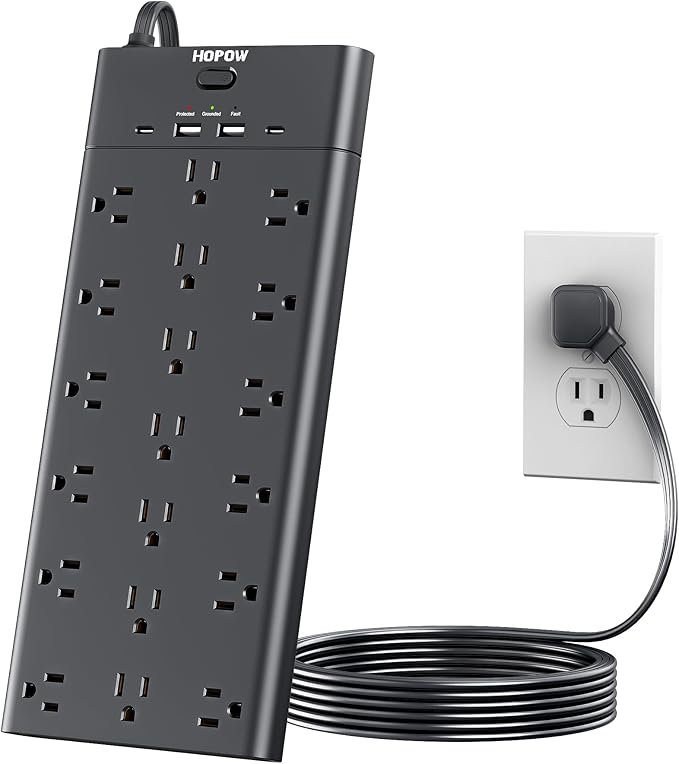 Power Strips with Surge Protection, HOPOW 6 Ft Flat Plug Power Strip Extension Cord with 19 Outlets and 4 USB Ports, 2100J Surge Protector, Wall Mount for Home, Office, Gaming Room, Dorm, Black