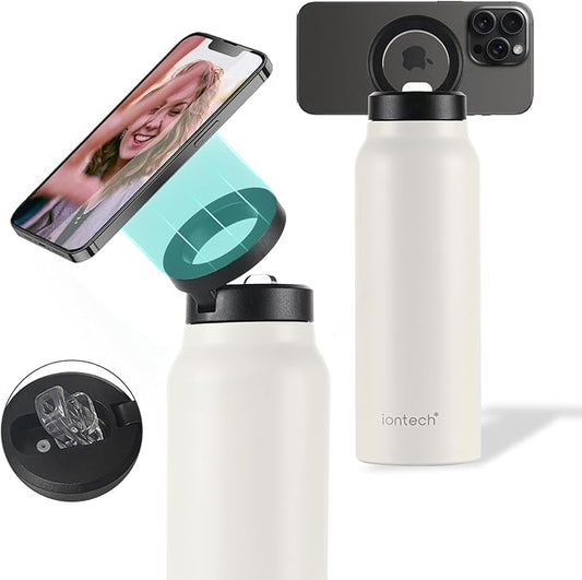 Insulated Water Bottle with Magnetic Phone Holder Compatible with MagSafe and iPhone, Stainless Steel Water Bottle Phone Mount For Sports Travel School, Hot 12H Cold 24H, 24oz (White)
