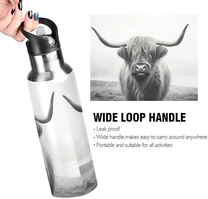 Funny Scottish Highland Cow Water Bottle - Reusable Water Bottle for Gym Bike Running Cycling 600 Milliliter 22 Ounce Stainless Steel Sports Water Bottle