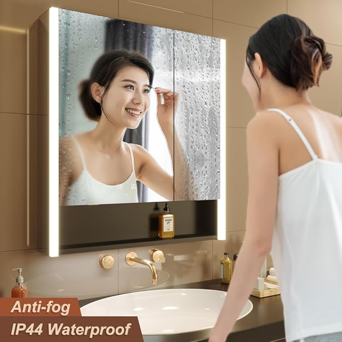 KWW LED Lighted Bathroom Medicine Cabinet with Sockets & USBs, Defogger, Dimmable, 3 Color Light Makeup Mirror, Easy to Install, Wall Mounted Cabinet (31 * 34)