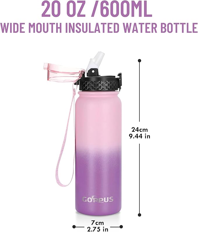 GOPPUS 20 oz Kids Water Bottle with Straw Wide Mouth Lid Double Walled Insulated Stainless Steel Water Bottles with Strap Handle Stickers for Boys Girls School (Pink Purple 1 Lid)