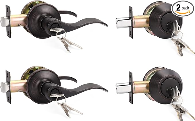 KNOBWELL 2 Pack Keyed Alike Door Lever Handle with Single Cylinder Deadbolt, Oil Rubbed Bronze Exterior Door Knob Lock Set with Deadbolt, Front Door Entry Lever Lockset and Deadbolt Combination Set