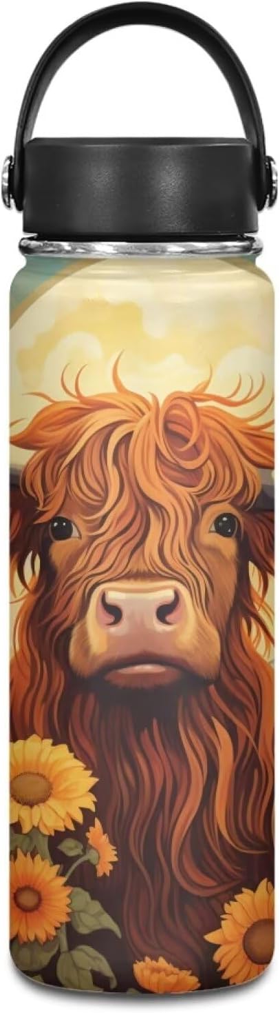 Highland Cattle Sunflower Sports Water Bottle 18 oz Insulated Water Bottle Leak Proof Stainless Steel Gym Bottle Sports Water Cup for Women Thermal Water Bottle