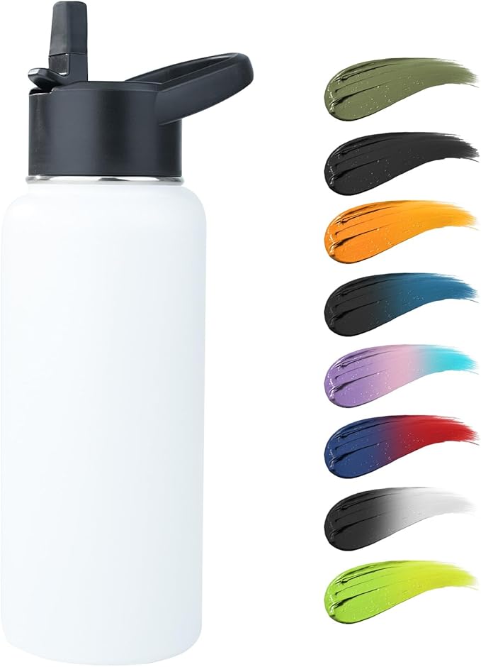 Stainless Steel Water bottle with Straw & Wide Mouth Lid, Wide Rotating Handle, 32oz Double Wall Vacuum Insulated Water Bottle Leak Proof, BPA Free, Keep Cold and Hot, 32oz, White