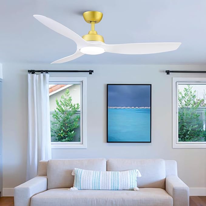 Sevenine Ceiling Fan with Light,White Gold Ceiling Fan,3 Blades,Downrod,6 Speed Adjustable,Dimmable LED,3 Timers,Reversible DC Motor, for Patio Living Room Bedroom Dining Room (White Gold, 52)