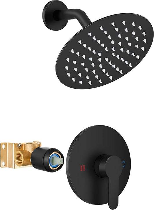 Airuida Shower Faucet Set,8 Inch Round Rainfall Shower Head,SUS304 Stainless Steel Single Handle Shower Trim Kit,Wall Mount Bathroom System with Female Threads Valve Matte Black
