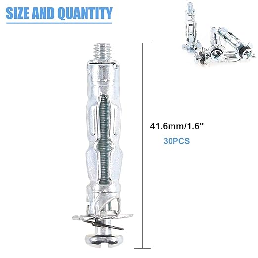 Glarks 30Pcs 4x32MM Heavy Duty Zinc Plated Steel Molly Bolt Hollow Drive Wall Anchor Screws Set for Drywall, Plaster and Tile (M4x32)