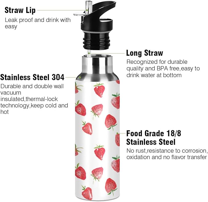 Alaza Watercolor Strawberries Fruits Water Bottle With Straw Lids Boys Girls,Vacuum Insulated Leakproof Stainless-Steel Sports Bottle Thermal Flask For Gym Yoga Camping,34Oz (1000Ml)