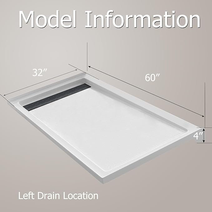 MORVANO 32 x 60 x 4 Shower Base with Single Threshold Rectangular Left Drain Location Shower Base in Glossy White, Acrylic Shower Pan with Black Stainess Steel Cover, Left Drain