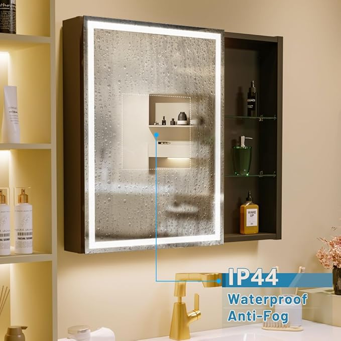 KWW LED Lighted Bathroom Medicine Cabinet with Sockets & USBs, Defogger, Dimmable, 3 Color Light Makeup Mirror, Easy to Install, Wall Mounted Cabinet (29.5 * 28)