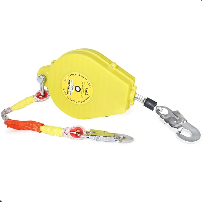 50FT RTOVZON Self Retracting Lifeline, Fall Arrest Fall Protection Dual Alloy Steel Hook Steel Wire Rope Heavy Duty Retractable Lanyard, Roofing Lifeline, SRL, Safety Lanyard