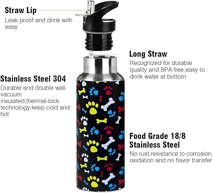 Cute Dog Paw Animal Sport Water Bottle with Straw, Vacuum Insulated Stainless Steel Thermal Drinking Travel Mug Cups For Gym Fitness Camping-17oz/500ml, Red