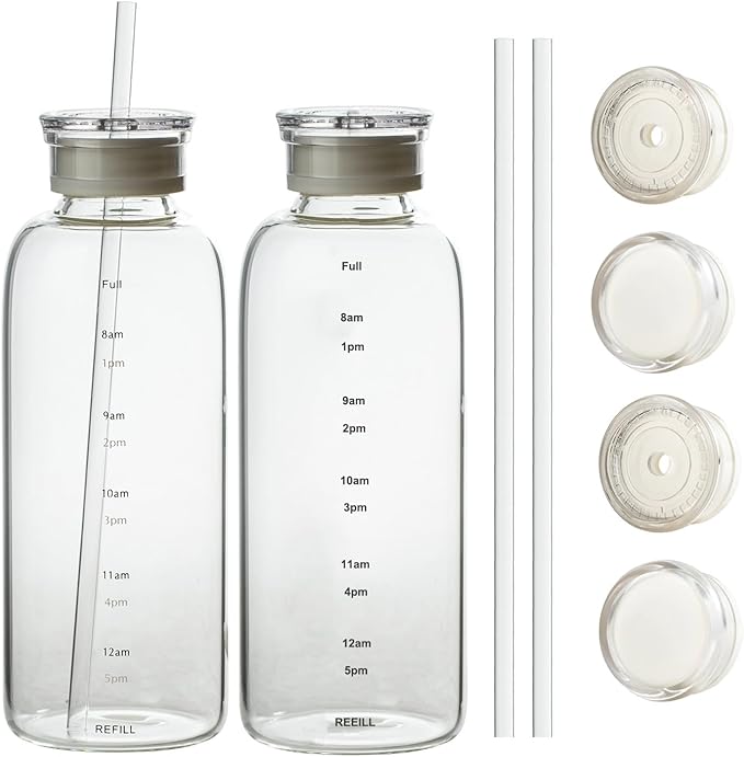 Glass water bottle With Time Marker -24oz with 2 caps and straw,Reusable Glass Drinking Bottles，Suitable For Drinks, Juices, Sodas, Coke, As Gifts Etc (24oz*2pcs)