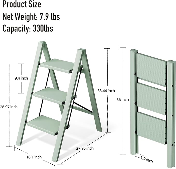 3 Step Ladder,Aluminum Folding Step Stool for Adults,Step Ladder with Wide Anti-Slip Pedal,330 lbs Capacity for Home,Office,Kitchen,Library(Green)