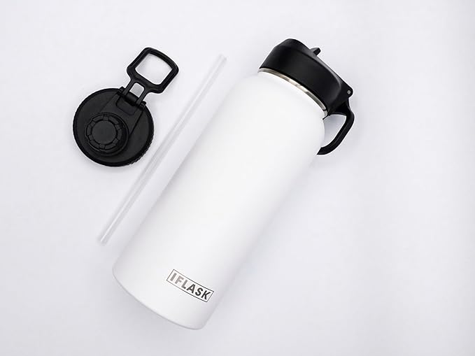 Sport Travel Outdoor Water Bottle with Spout and Straw Lids | Leak Proof | Insulated Stainless Steel Double Walled | BPA and Sweat free | Hot & Cold | For Kids Men & Women (White, 32 oz)
