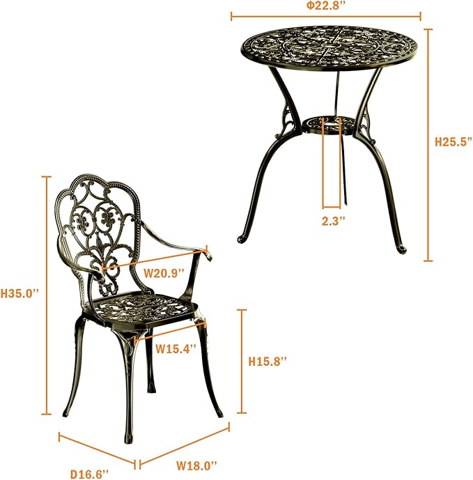 Patio Bistro Set of 2, Cast Aluminum, Outdoor Set w/Umbrella Hole, 3 Piece Table and Chairs Set, Bistro Set for Backyard/Garden/Lawn, Golden Bronze