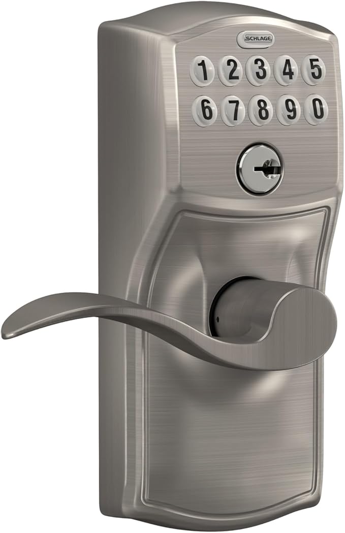 SCHLAGE FE595 CAM 619 ACC Camelot Keypad Entry with Flex-Lock and Accent Levers, Satin Nickel