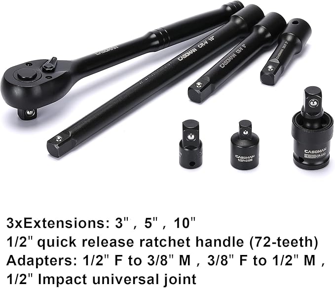 CASOMAN 1/2-inch 70 Pieces Impact Socket Master Set, SAE & Metric from 5/16"-1-1/4",8-24mm, Shallow/Deep Socket with Ratched Hand, Extension Bar and Adapters