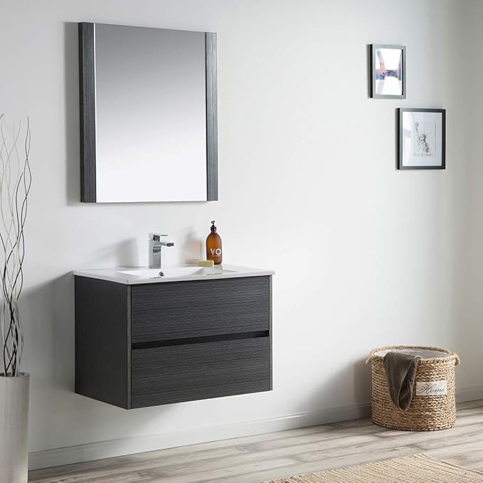 Blossom Single Bathroom Vanity with Ceramic Sink and Mirror | All Wood Floating Vanity Cabinet | 2 Soft-Closing U-Shaped Cutout Drawers | 30" w/Ceramic Sink and Mirror, Silver Grey