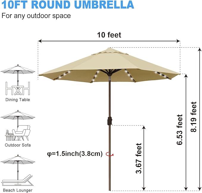 Eurmax USA 10-Year-Non-Fading 10Ft Solar Market Umbrella Outdoor Patio Umbrella Table Umbrella with LED Lights,8 Ribs,Hand Crank and Ventilation (Sand)