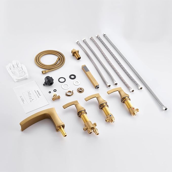 Roman Tub Faucet Waterfall Tub Filler Brushed Gold Deck Mount Bathtub Faucets 5 Hole Brass Bathroom Faucets with Hand Shower