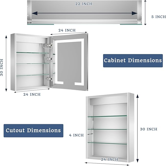 ExBrite LED Lighted Bathroom Medicine Cabinet with Mirror, 24 x 30 Inch, Recessed or Surface Mount, Anti-Fog, Stepless Dimming, Color Temperature Adjustment, 2 Outlets, Storage Shelves, Right Hinge