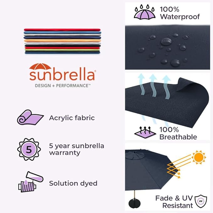 Midtown Umbrellas Led Swilt Sunbrella Umbrella 9 Ft Patio Umbrella With Sunbrella Canvas Natural Acrylic Fabric - Deck Patio Umbrella, Backyard Umbrella, Garden Umbrella & Pool Umbrella - Black Pole