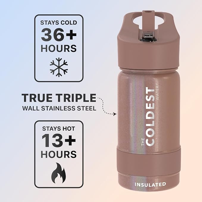 Coldest Sports Water Bottle - Straw Lid Bottle with Handle Leak Proof, Vacuum Insulated Stainless Steel, Double Walled, Thermo Mug, Metal | Rose Gold 14 oz
