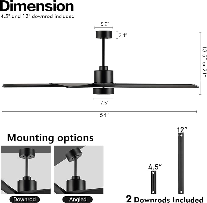 WINGBO 54" DC Ceiling Fan with Lights, 5 Carved Solid Wood Blades, 6-Speed Reversible DC Motor, Matte Black Finish Ceiling Fan with Remote, Black